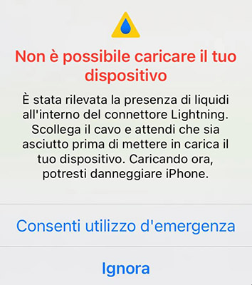 Non è possibile caricare il tuo dispositivoÈ stata rilevata la presenza di liquidi all'interno del connettore Lightning. Scollega il cavo e attendi che sia asciutto prima di mettere in carica il tuo dispositivo. Caricando ora, potresti danneggiare iPhone.